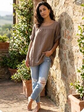 Bellambra 100% Linen Mixed Media Tunic, Brown 1X